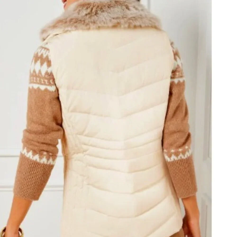 BNWT TALBOTS Faux Fur Collar Down Puffer Vest in ivory earthy camel collar (M) - Picture 8 of 11